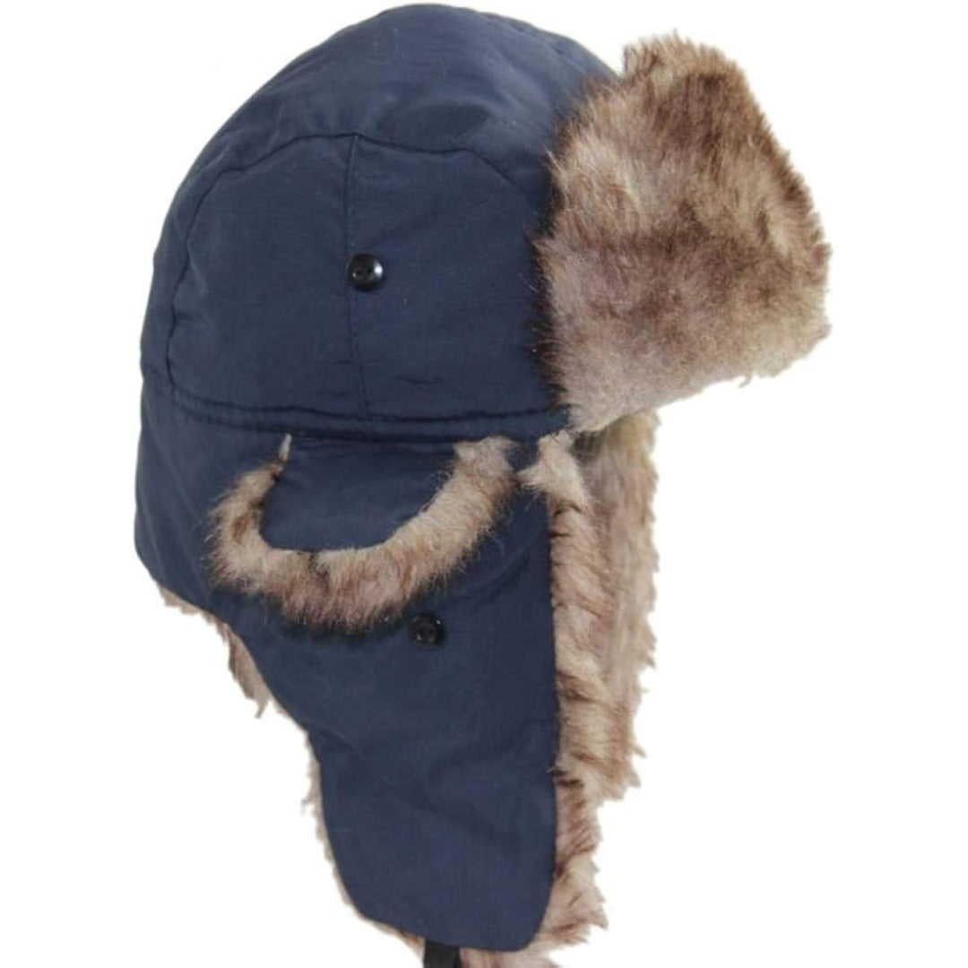 Faux fur trapper hat with chin strap side view