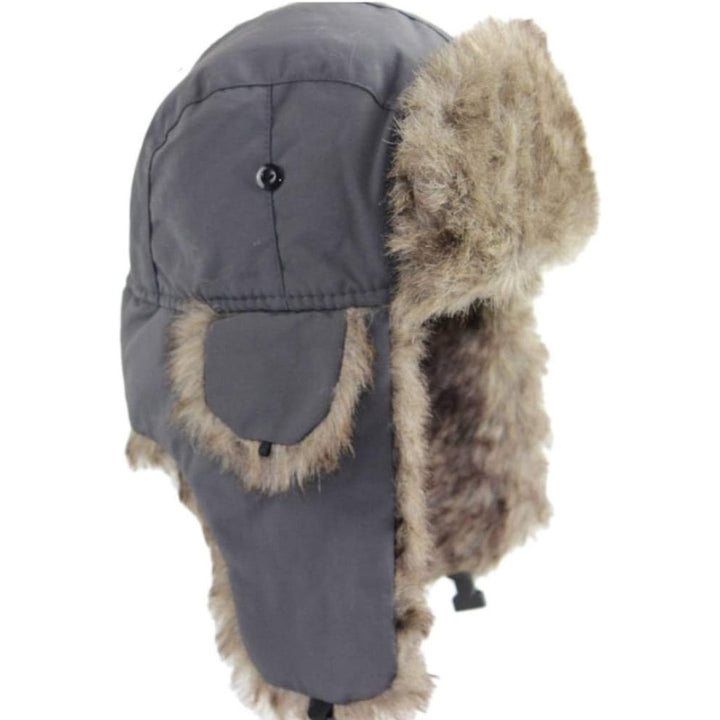 Trapper hat with fur-trimmed ear flaps side view