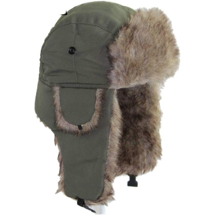 Winter trapper hat with faux fur lining side view
