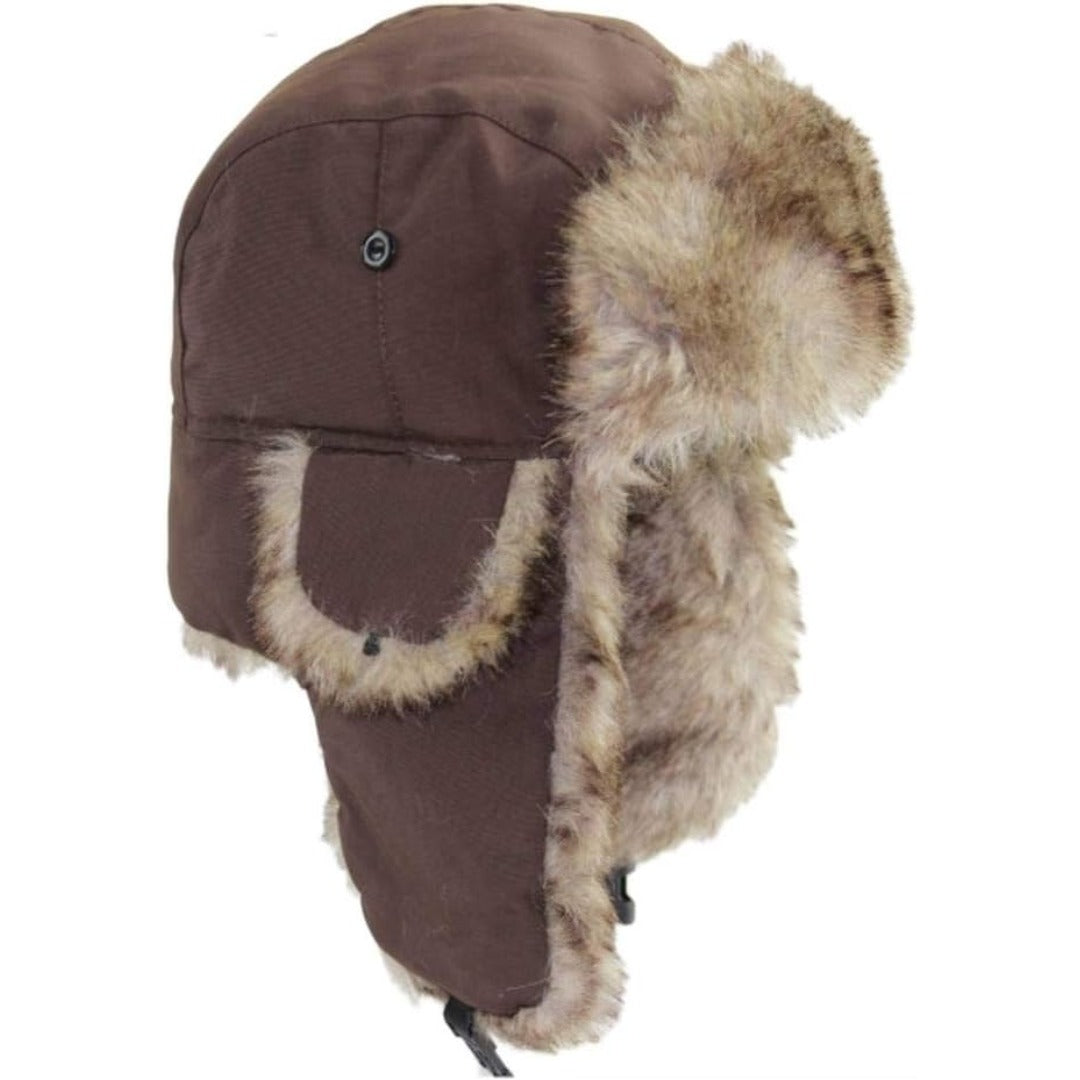 Faux fur lined trapper hat with ear flaps side view