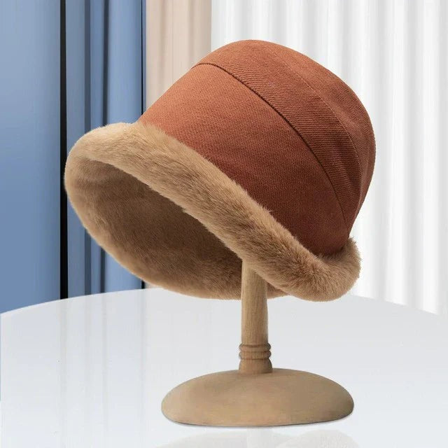 Winter bucket hat with plush faux fur brim front view