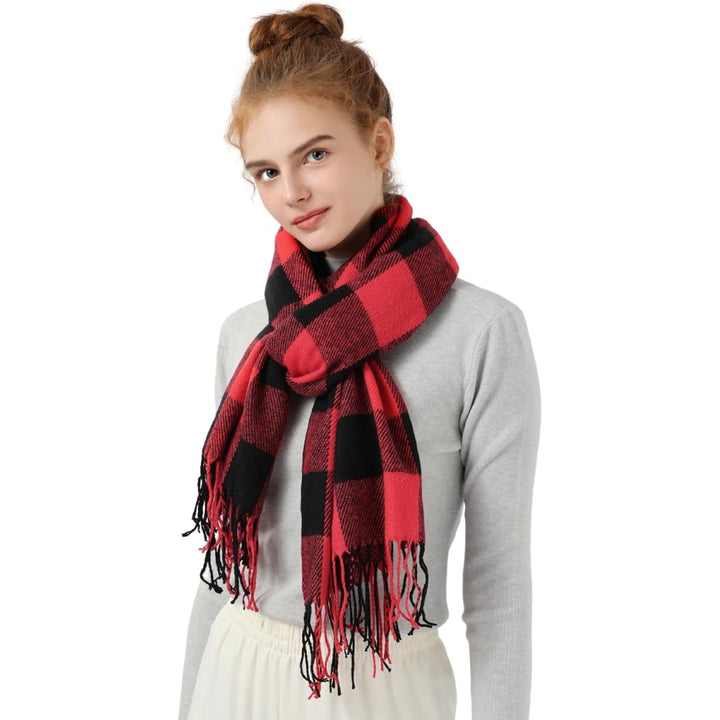 Plaid tassel wrap scarf looped around the neck front view
