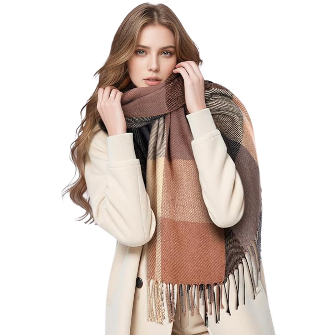 Check woven scarf wrapped around the shoulders front view