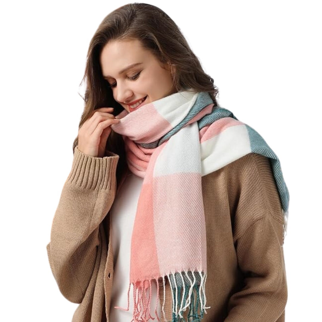 Check wrap scarf with fringe looped around the neck front view