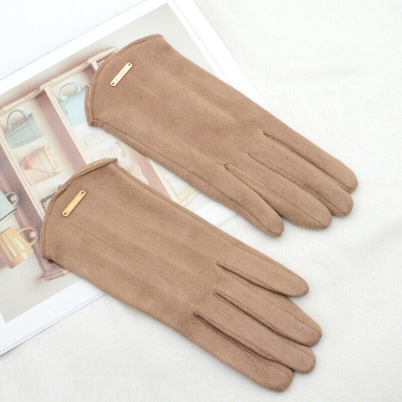 Suede-look touchscreen gloves flat lay front view
