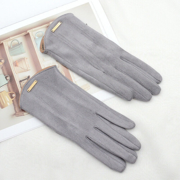 Suede-look gloves with metal bar flat lay