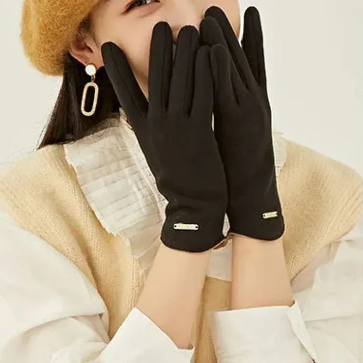 Suede-look winter gloves worn back of hand view