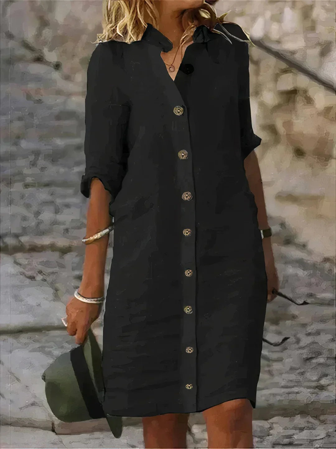 Women's Button Front Midi Shirt Dress with Half Sleeves shown in Black