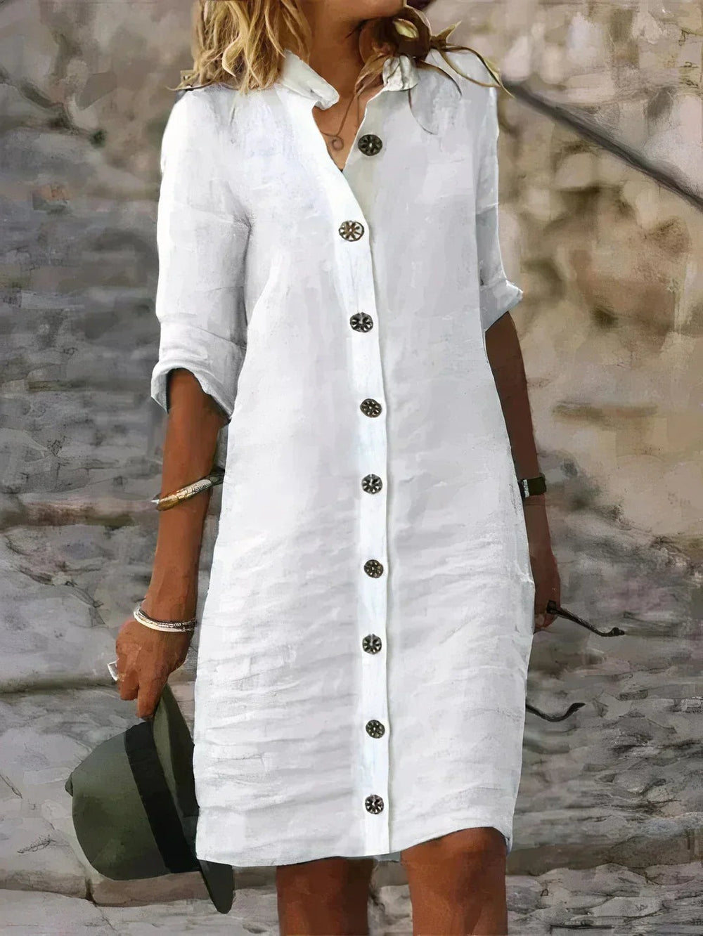 Women's Button Front Midi Shirt Dress with Half Sleeves shown in White