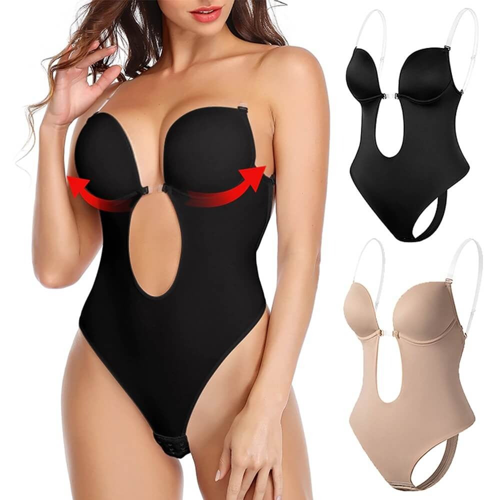 Women's Deep Plunge Backless Bodysuit with Clear Adjustable Straps view 1
