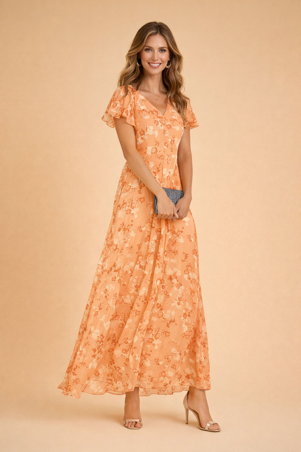 Women's Floral Maxi Dress with Flared Sleeves shown in Orange