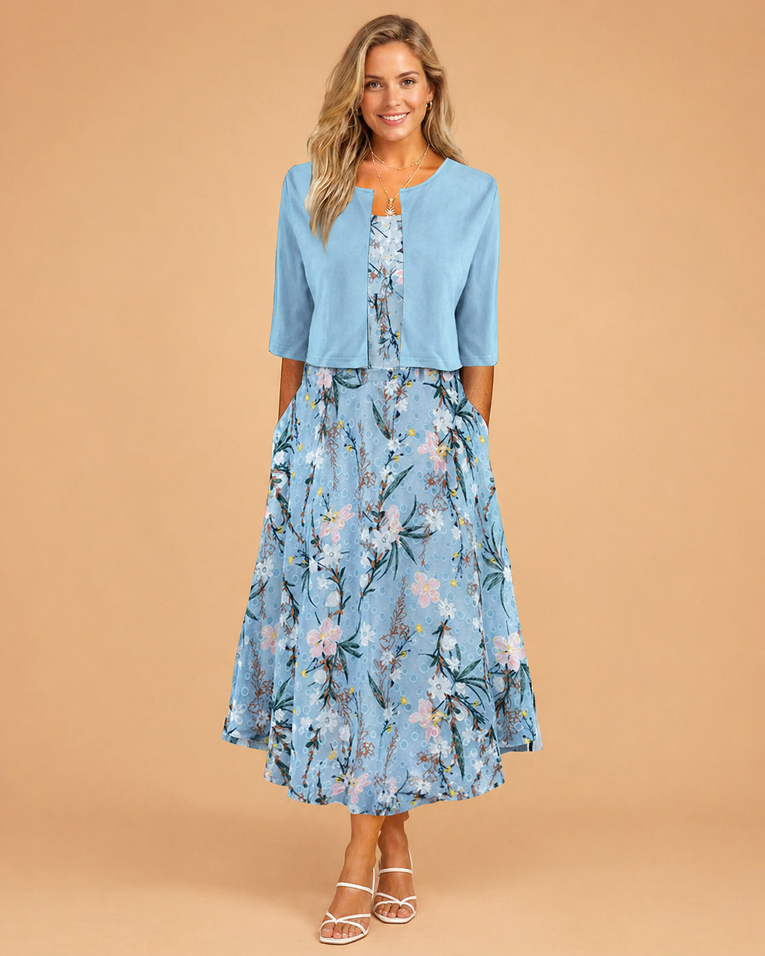 Women's Floral Midi Dress with Matching Cropped Jacket shown in Light Blue