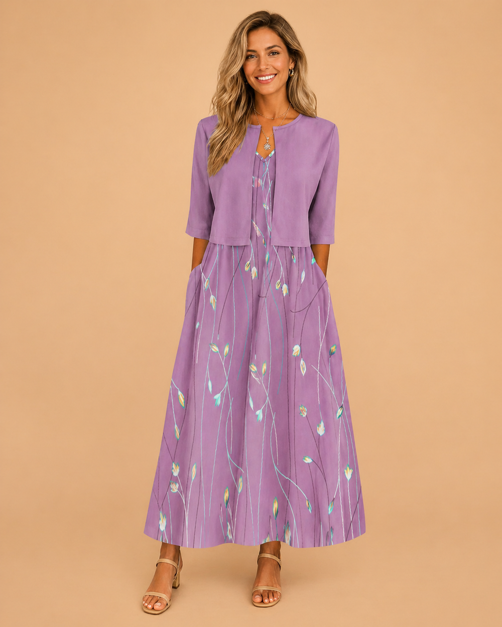 Women's Floral Midi Dress with Matching Cropped Jacket shown in Pink