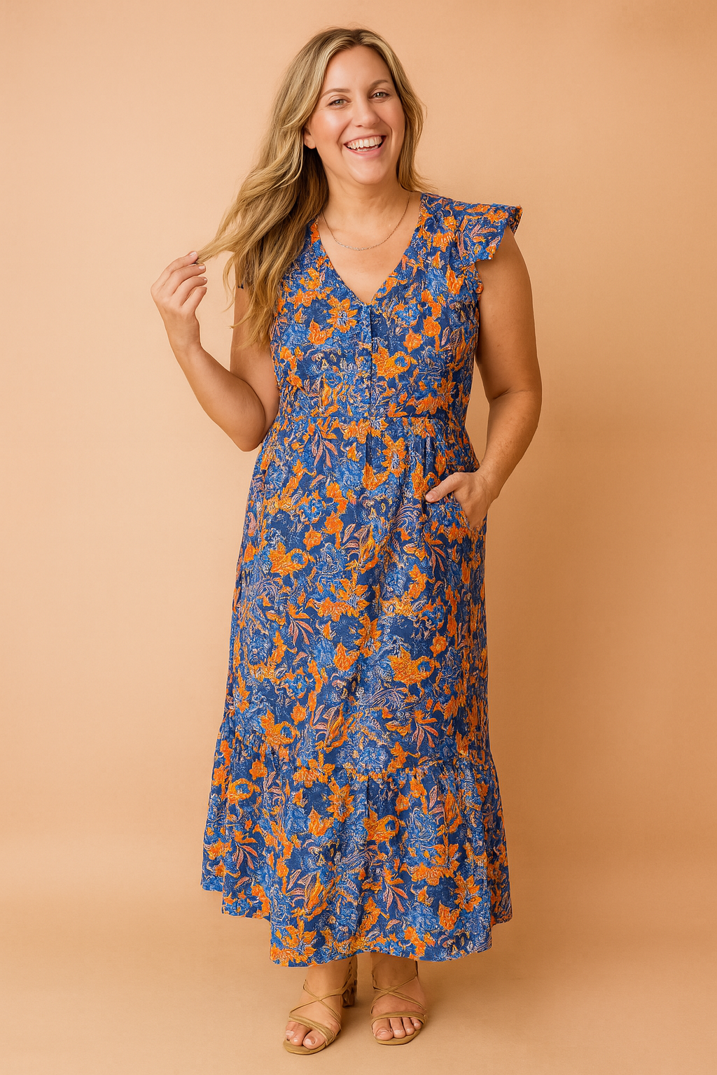 Women's Floral Print Maxi Dress with Ruffle Sleeves shown in Blue Orange