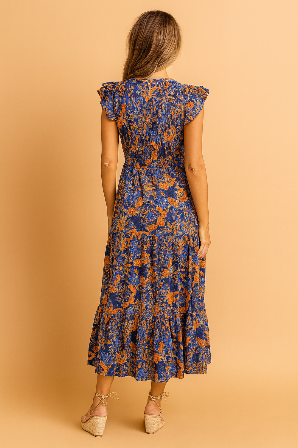 Women's Floral Print Maxi Dress with Ruffle Sleeves detail view