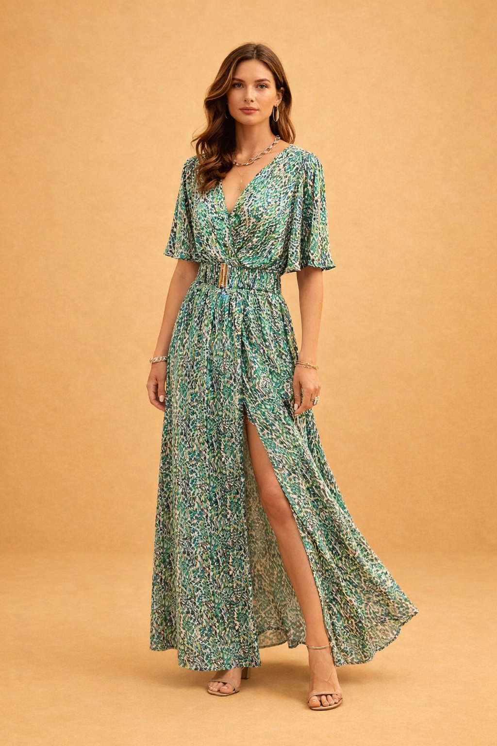 Women's Floral Print Maxi Dress with Tie Waist and Slit shown in Green