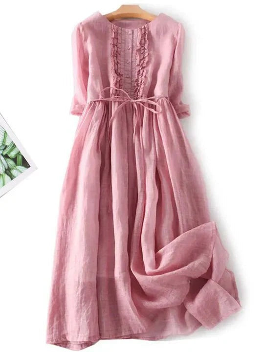 Women's half sleeve ruffle front midi dress flat front view