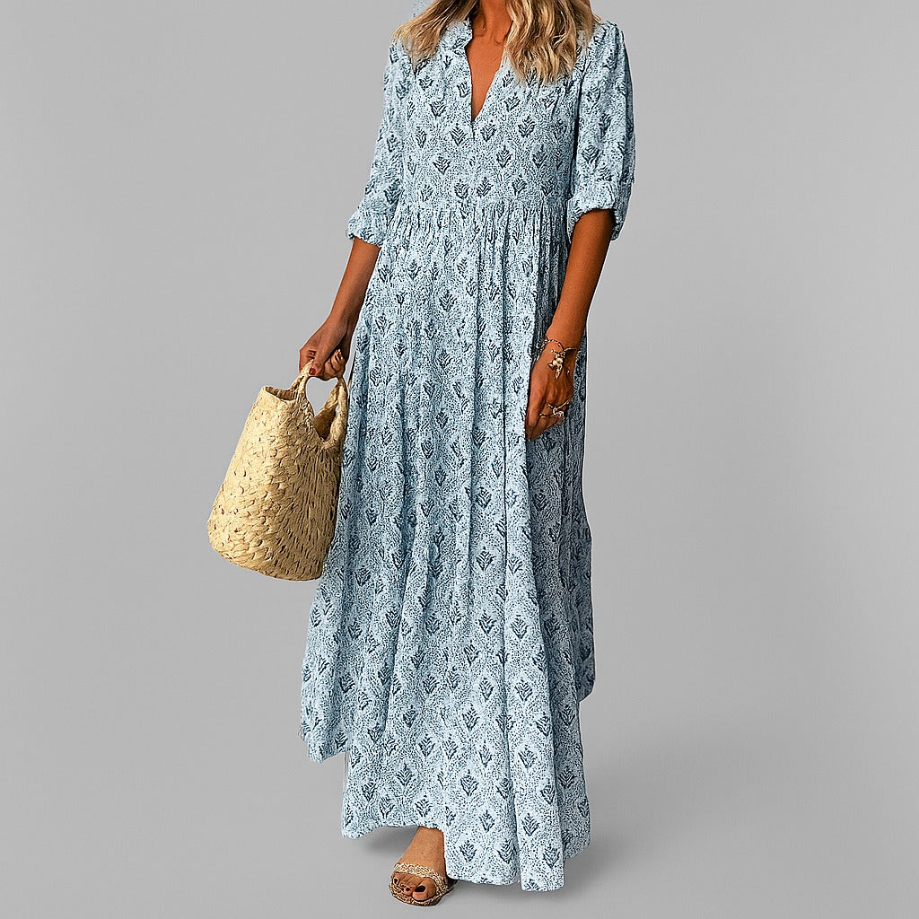Women's Half Sleeve Printed Maxi Dress with Tiered Skirt shown in Blue