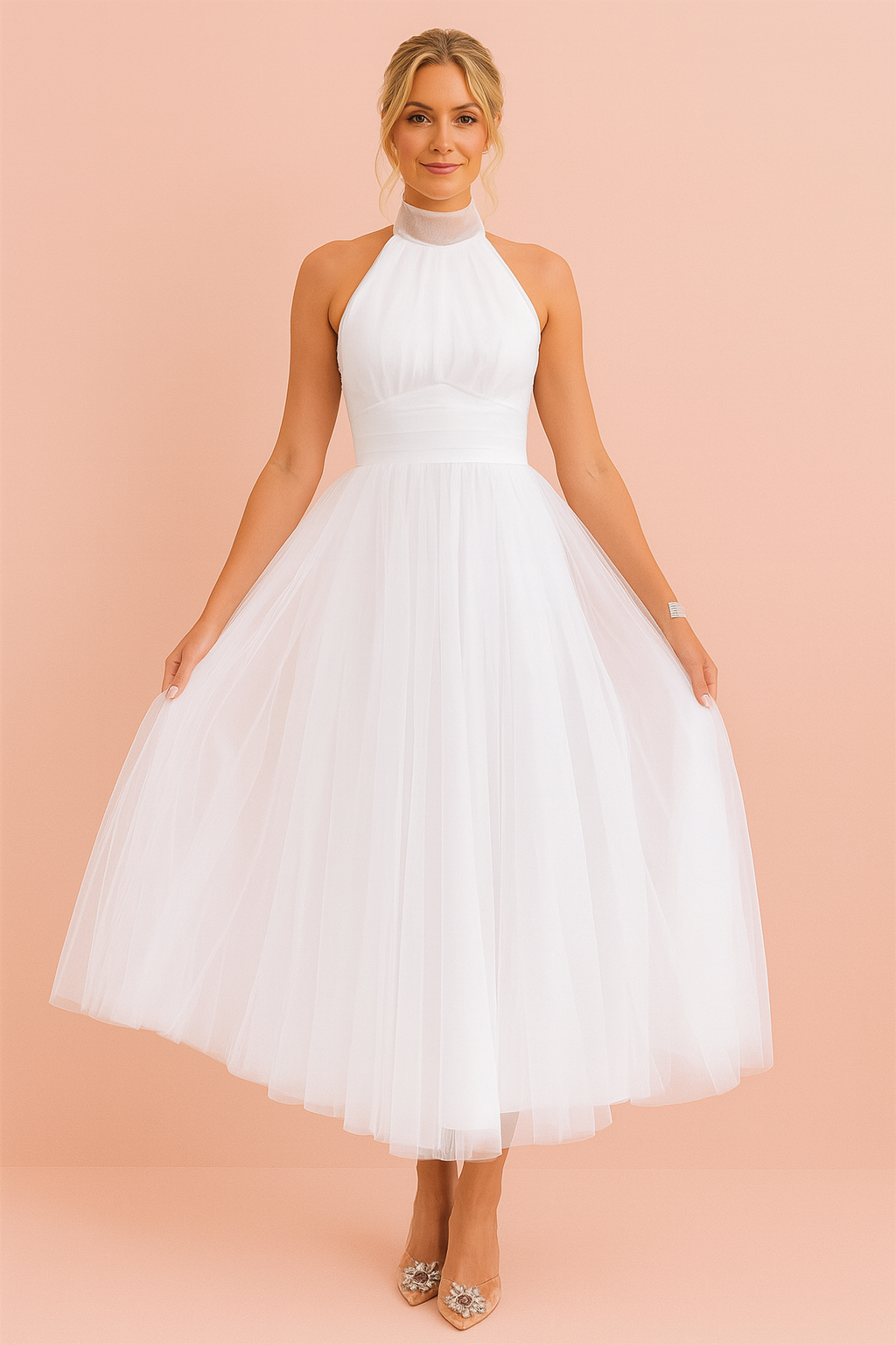 Women's Halter Neck Midi Dress with Layered Mesh Skirt shown in White