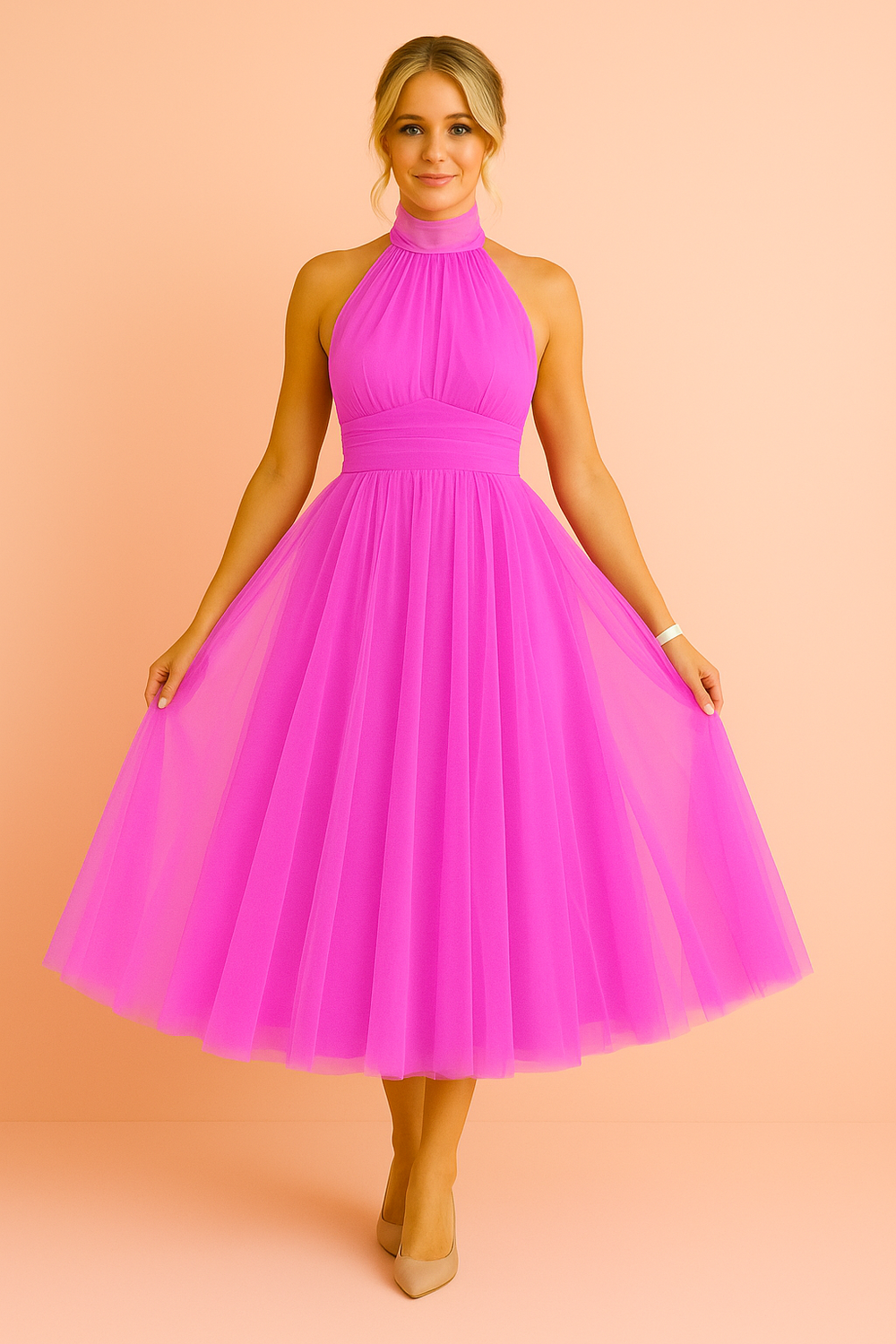 Women's Halter Neck Midi Dress with Layered Mesh Skirt shown in Purple