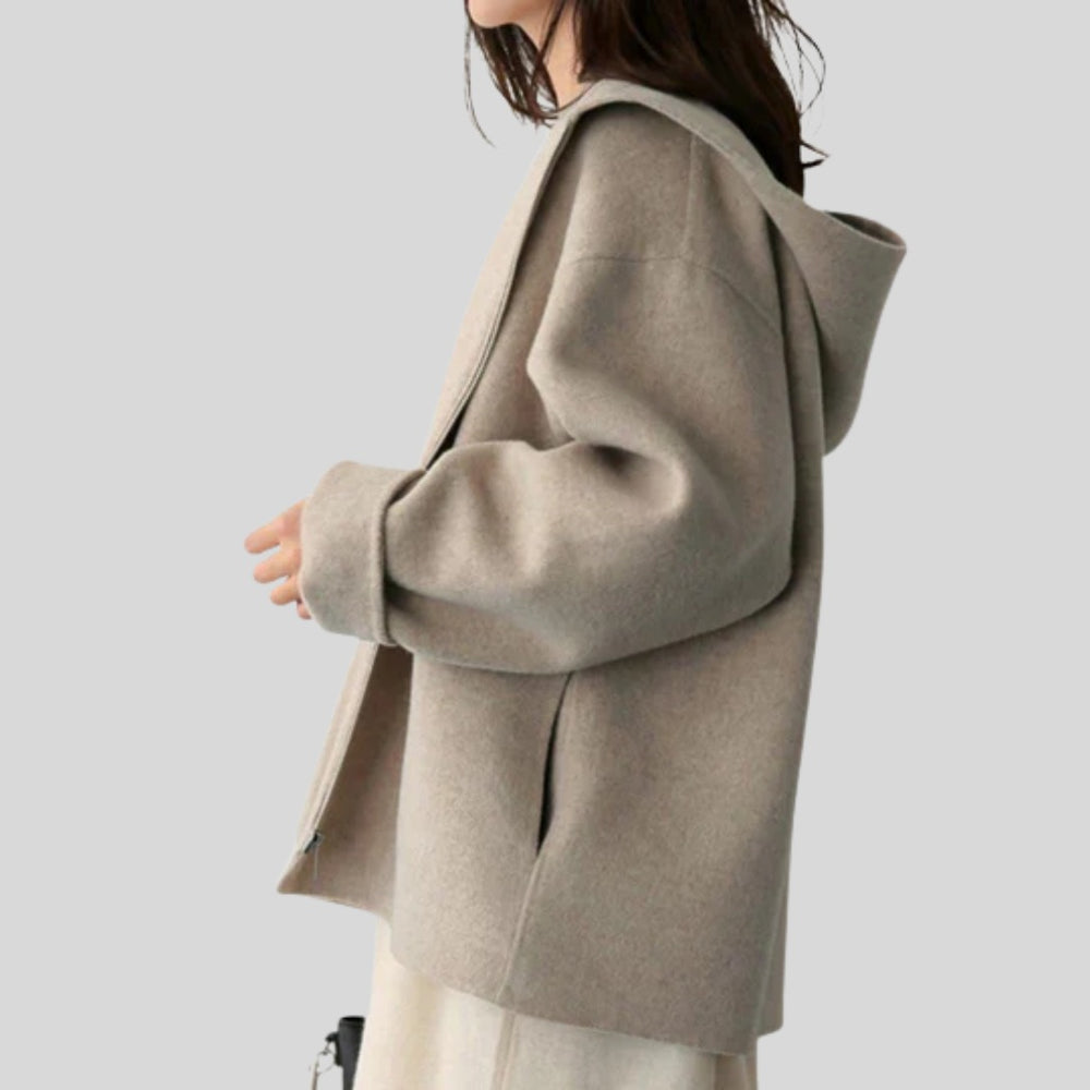 Women's Hooded Zip Up Jacket with Drop Shoulders and Side Pockets shown in Khaki