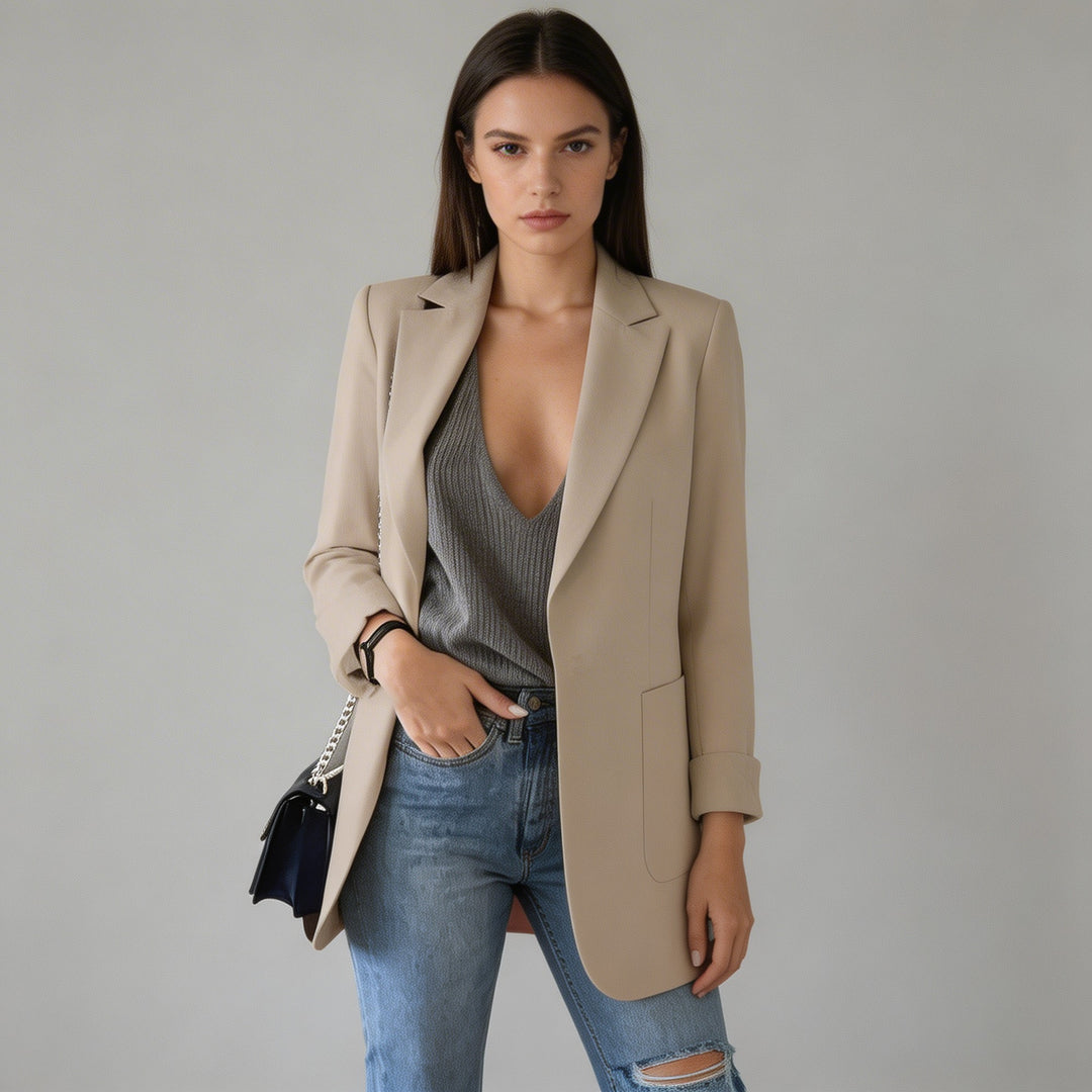 Women's Longline Notched Lapel Open Front Blazer with Patch Pockets view 1