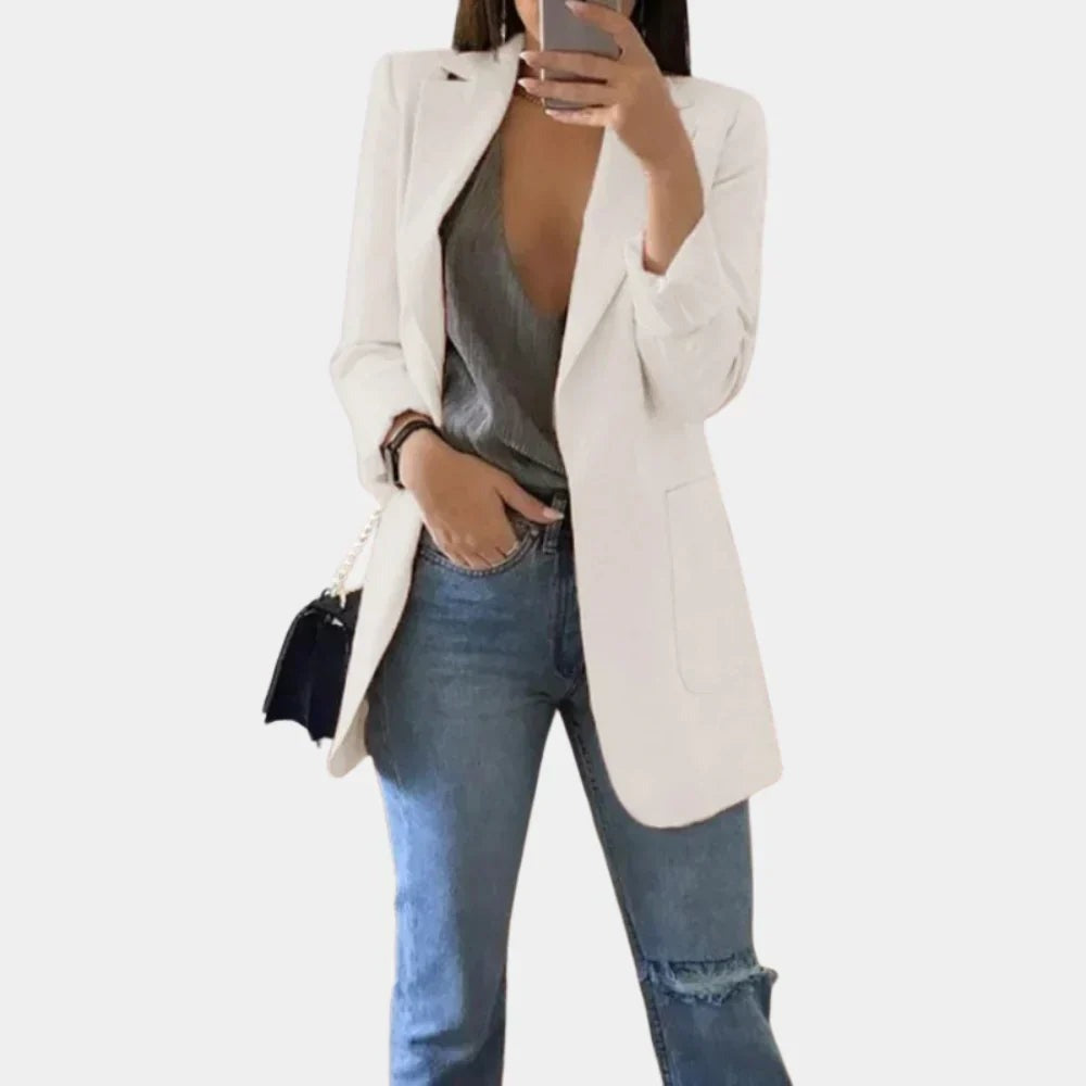 Women's Longline Notched Lapel Open Front Blazer with Patch Pockets shown in White