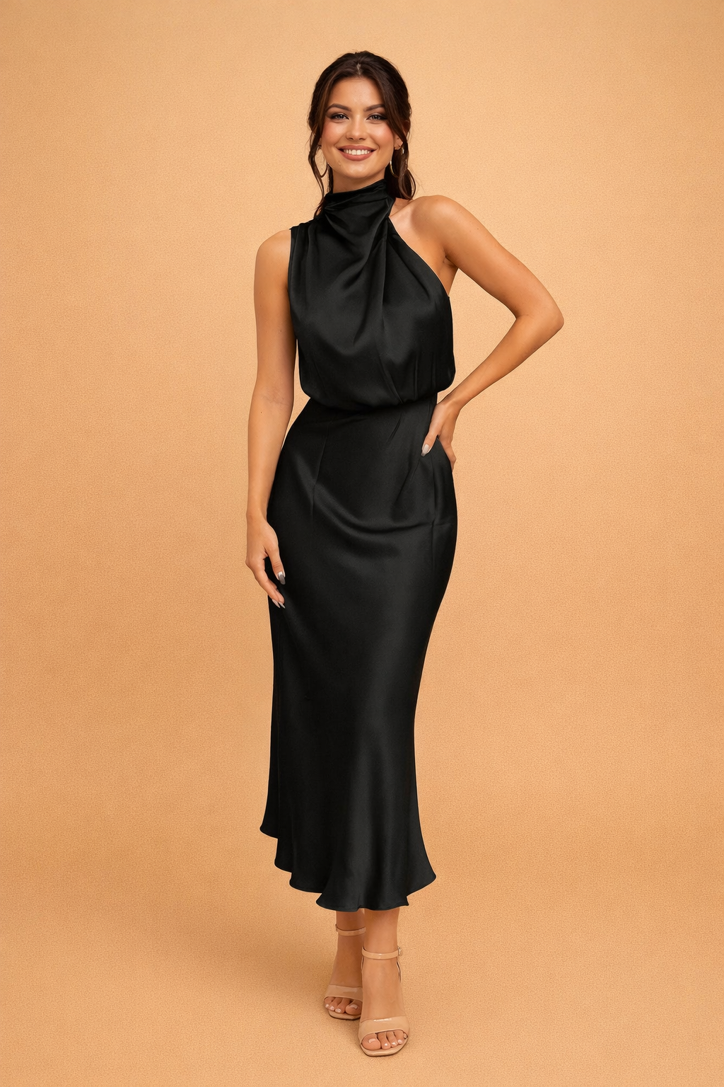 Women's One Shoulder Midi Dress with Draped Bodice shown in Black