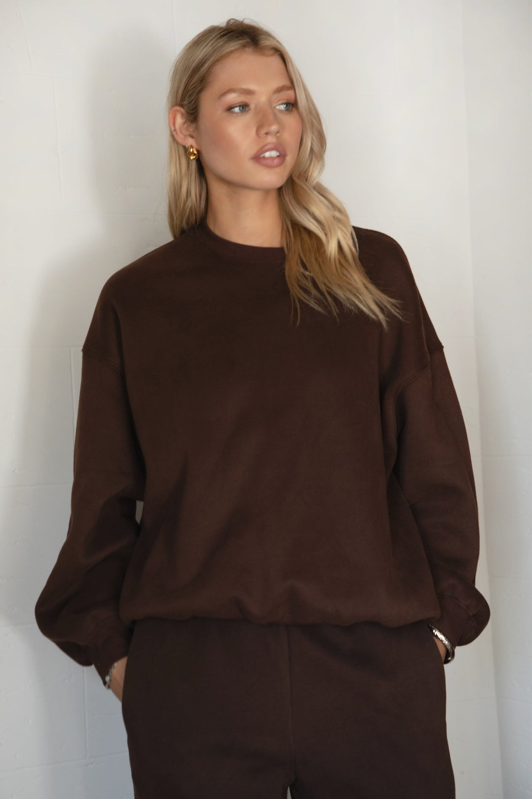Women's oversized crew neck fleece sweatshirt front view