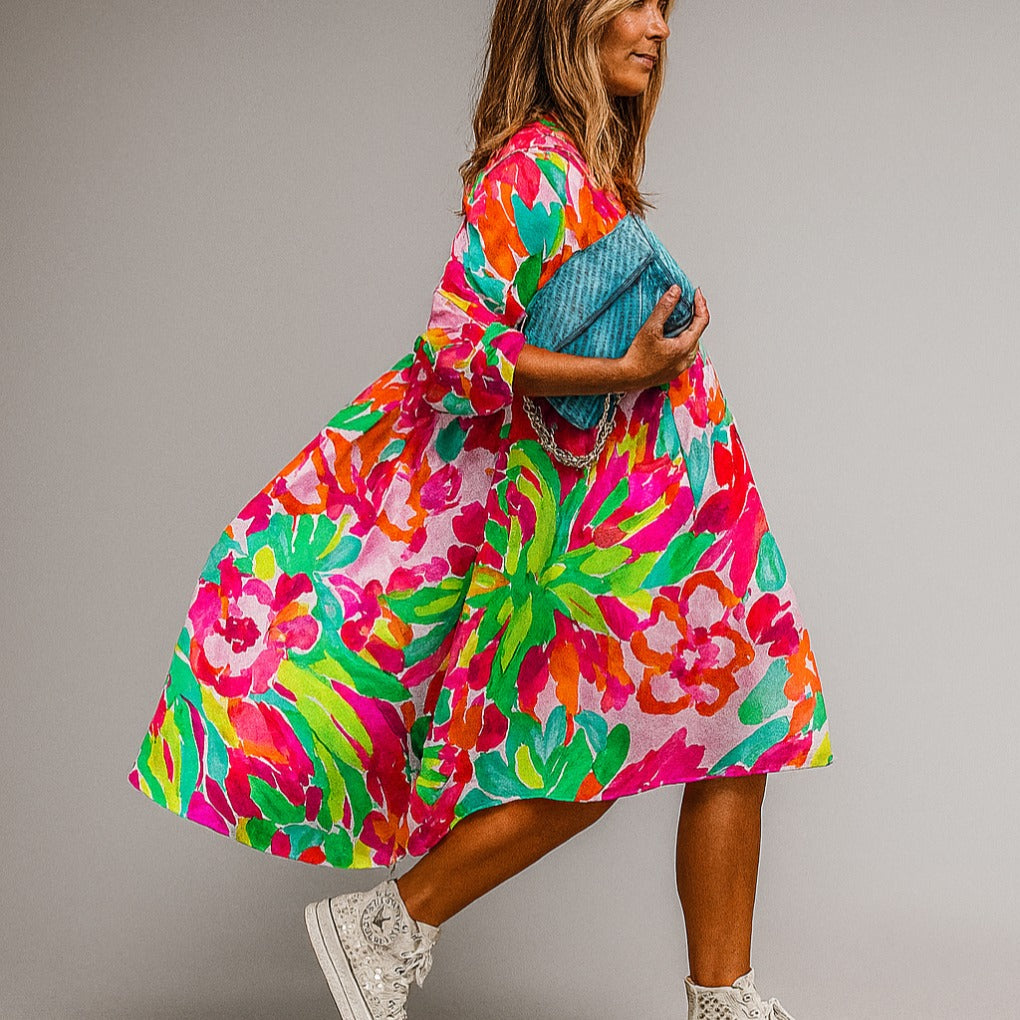 Women's Oversized Floral Print Midi Dress with Puff Sleeves shown in Multicolor
