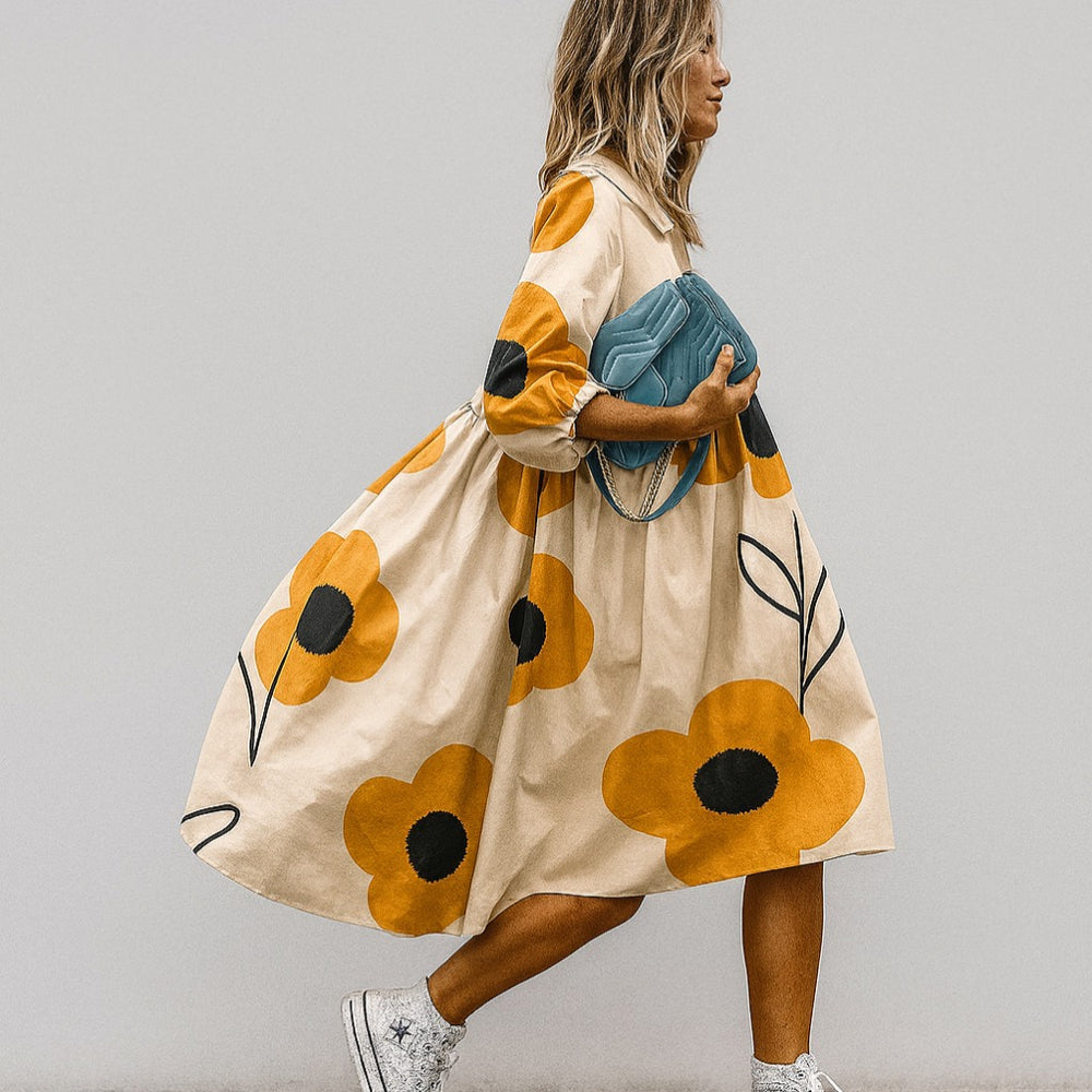 Women's Oversized Floral Print Midi Dress with Puff Sleeves shown in Yellow