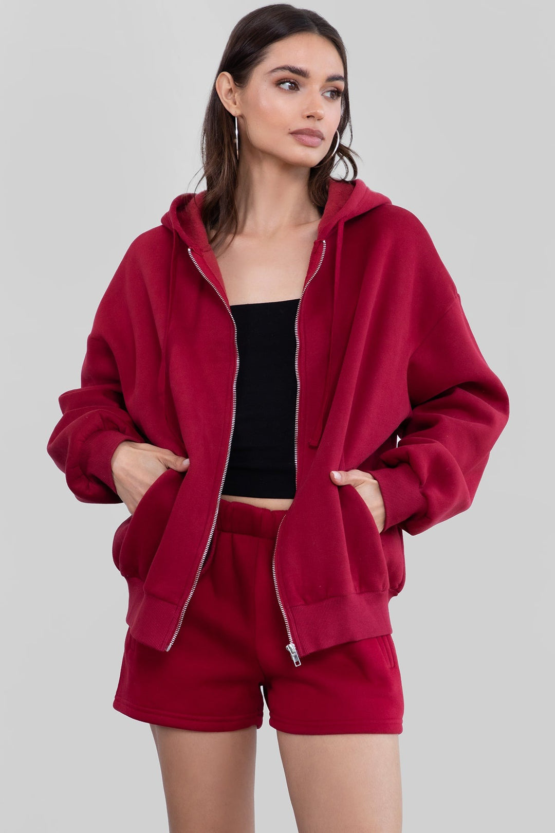 Women's oversized full zip fleece hoodie front view