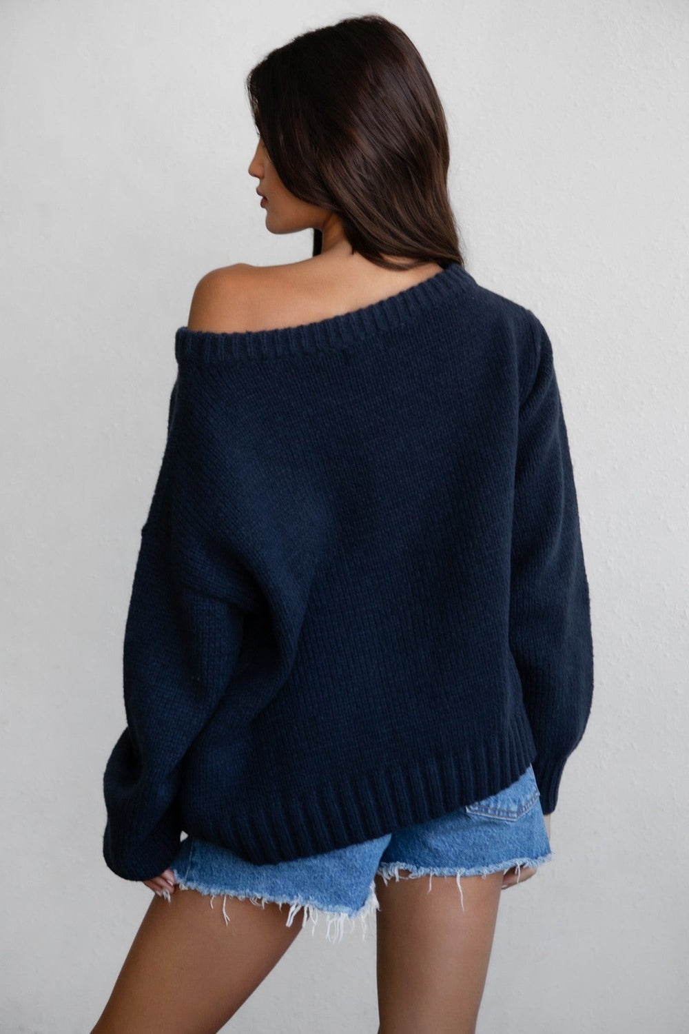 Women's off the shoulder flag sweater back view