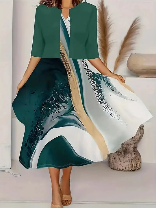 Women's Printed Sleeveless Midi Dress with Cropped Half Sleeve Jacket shown in Green