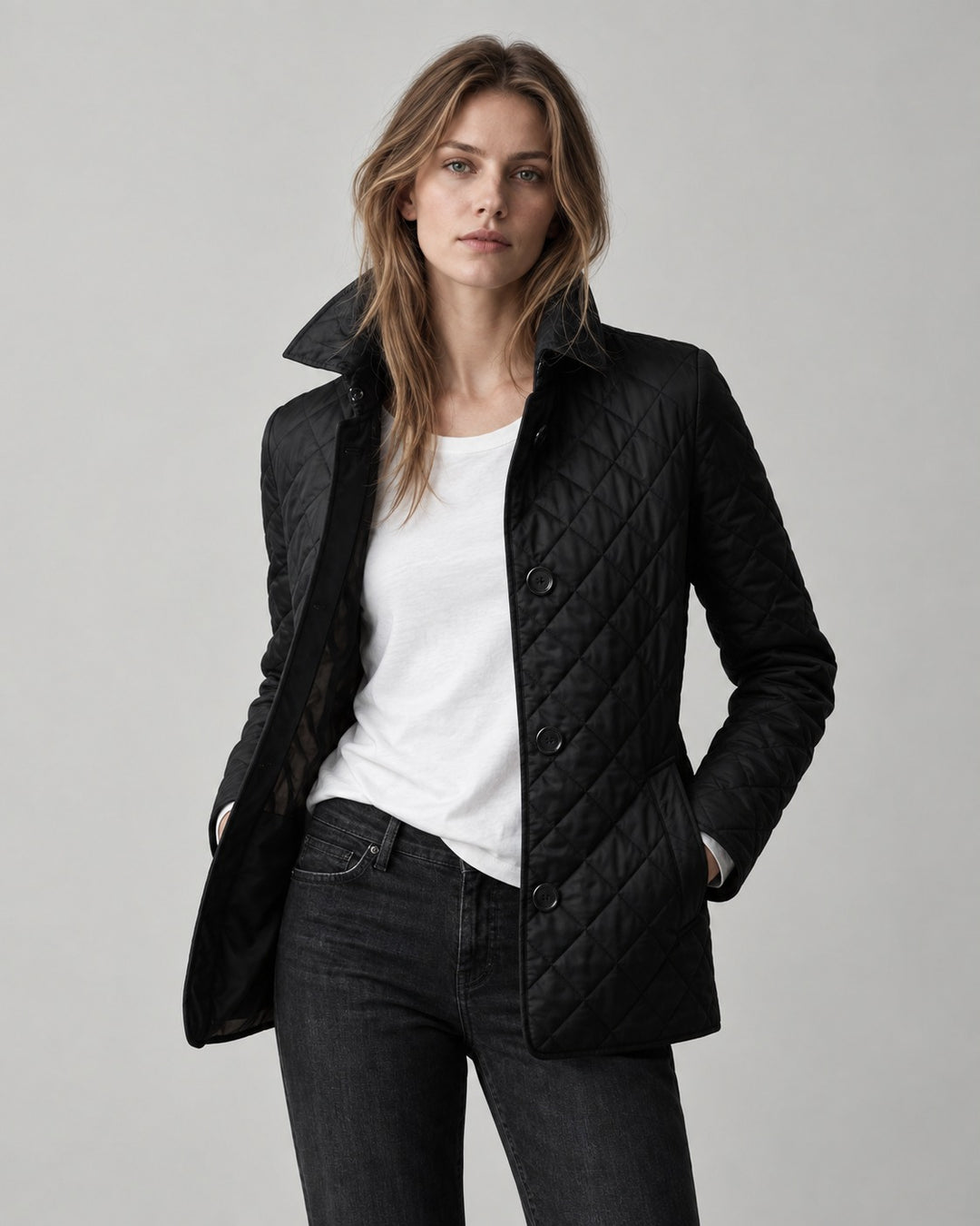 Women's Quilted Button Front Jacket with Back Belt view 1