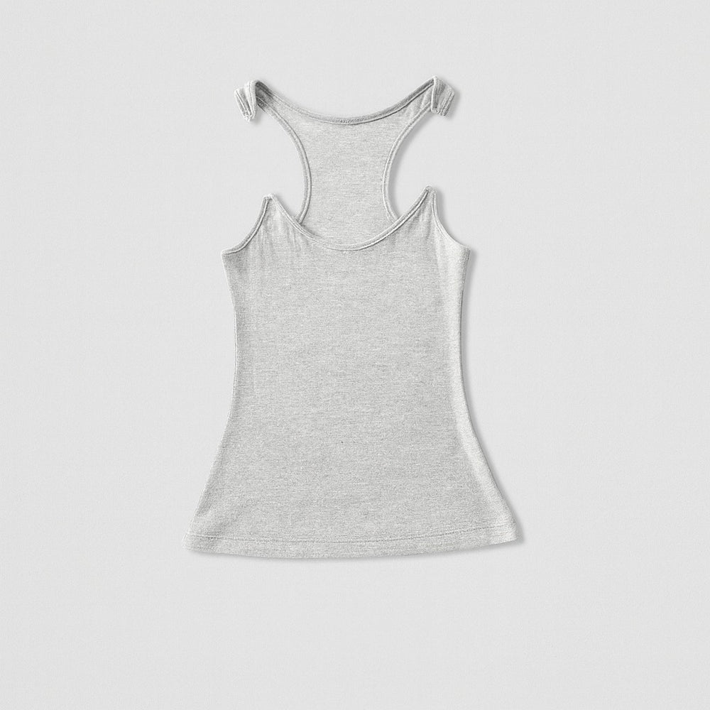 Women's Ribbed Racerback Tank Top with Clear Shoulder Straps shown in Light Gray