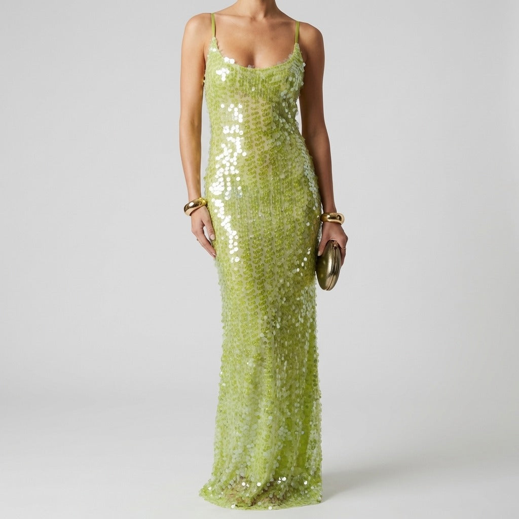Women's Sequin Maxi Dress with Open Back and Cross Straps shown in Green