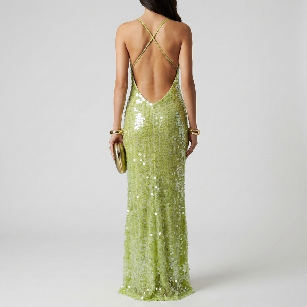 Women's Sequin Maxi Dress with Open Back and Cross Straps view 2