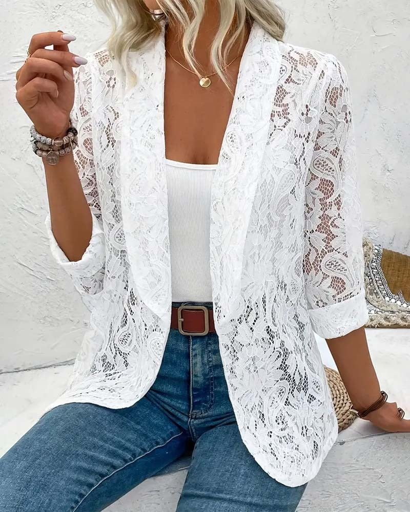 Women's Sheer Floral Lace Open Front Blazer with Shawl Collar shown in White