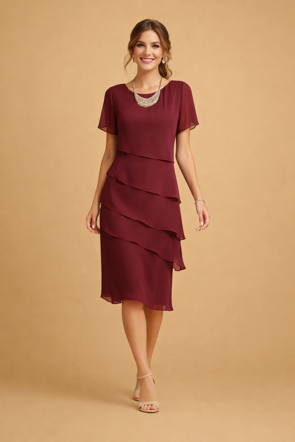 Women's Short Sleeve Midi Dress with Tiered Layered Skirt shown in Red