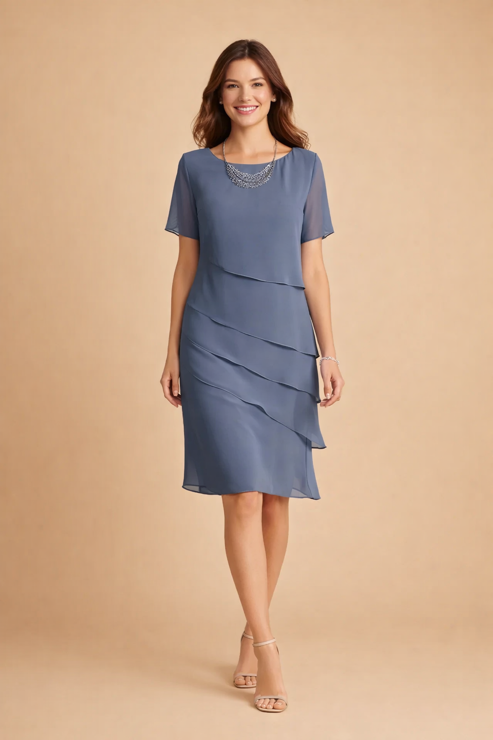Women's Short Sleeve Midi Dress with Tiered Layered Skirt shown in Blue Gray