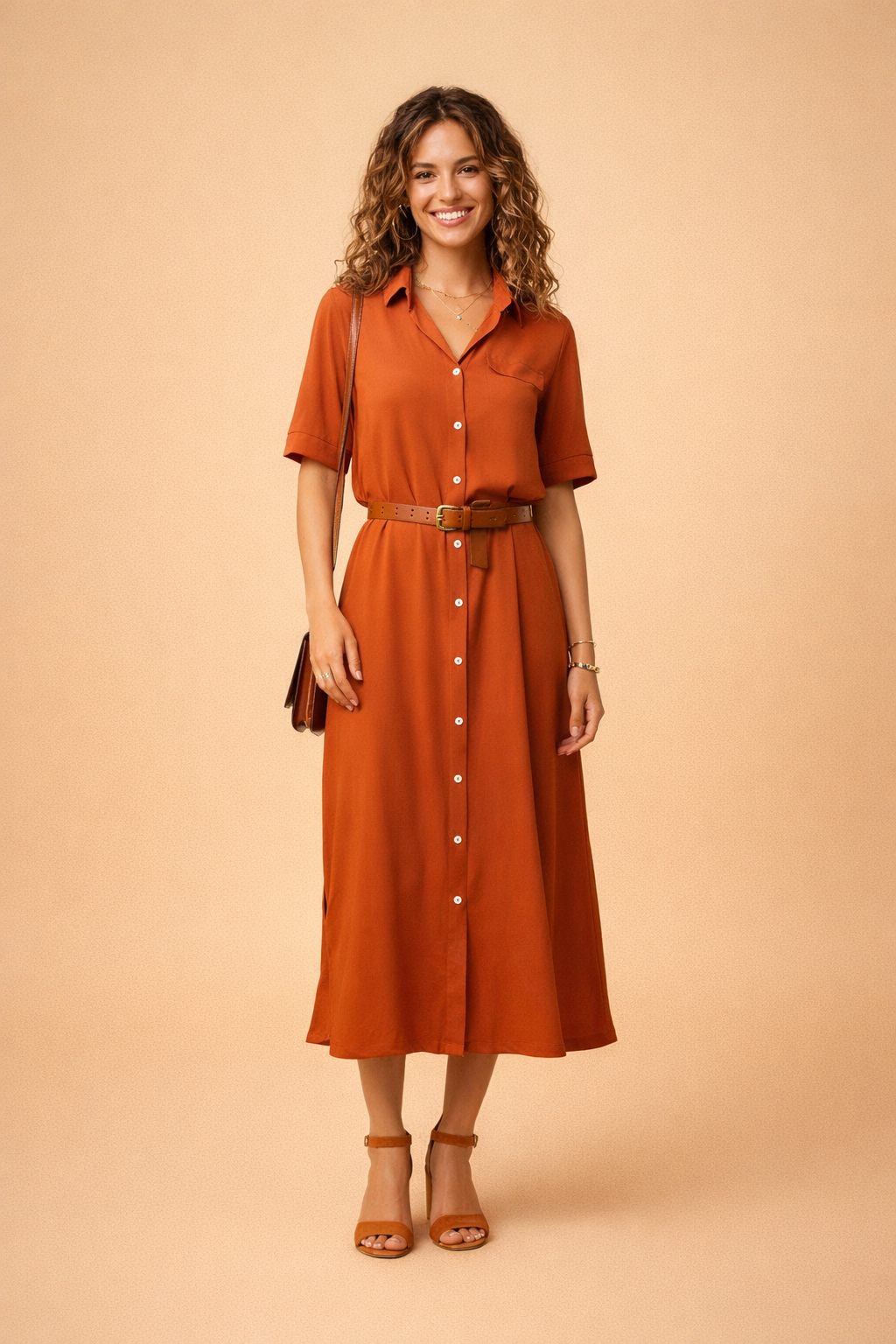 Women's Short Sleeve Shirt Dress with Buckled Belt shown in Orange