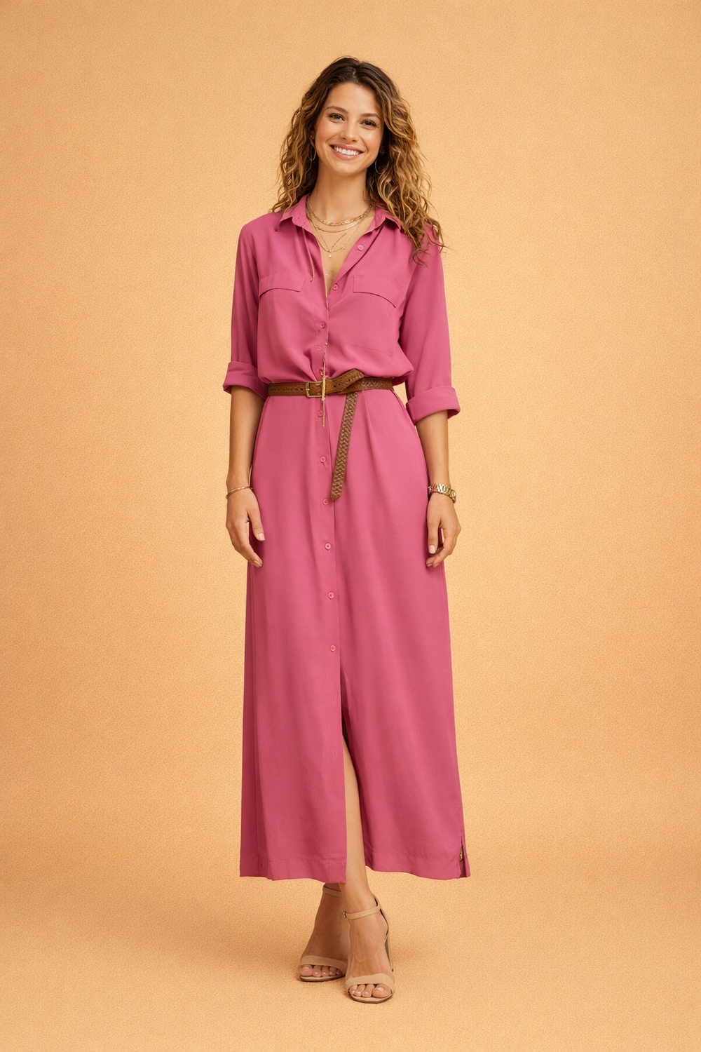 Women's Short Sleeve Shirt Dress with Buckled Belt shown in Green
