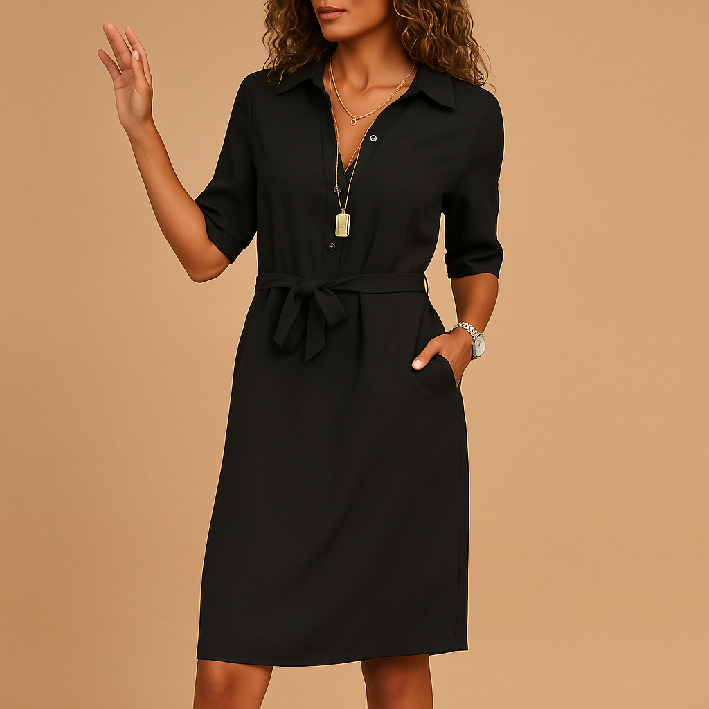 Women's Short Sleeve Shirt Dress with Tie Belt and Pockets shown in Black