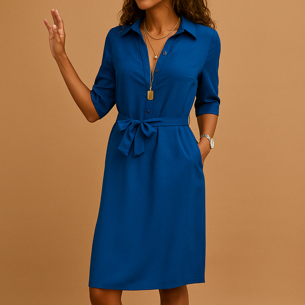 Women's Short Sleeve Shirt Dress with Tie Belt and Pockets shown in Blue