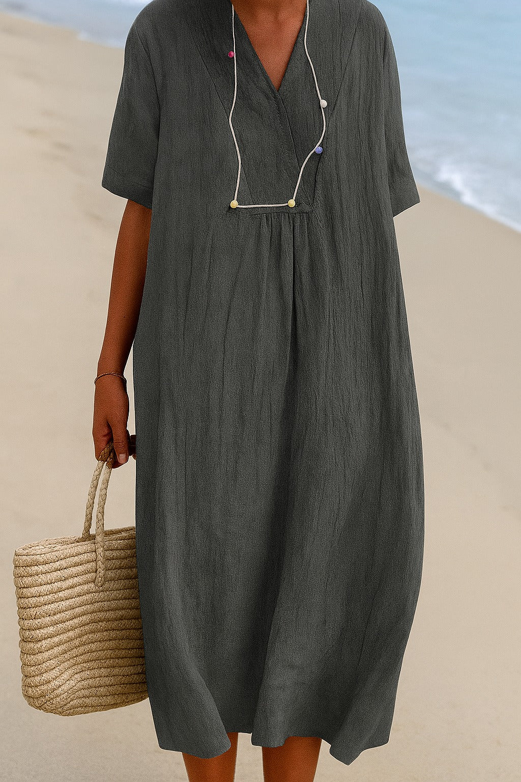 Women's Short Sleeve V Neck Midi Dress with Gathered Yoke shown in Gray