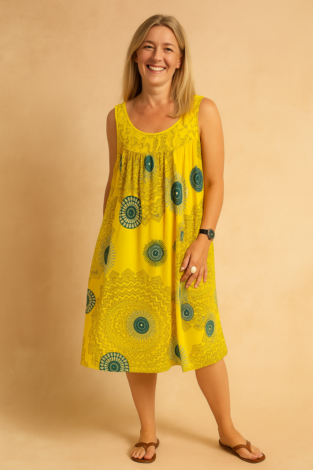 Women's Sleeveless Printed Midi Dress with Lace Trim shown in Purple