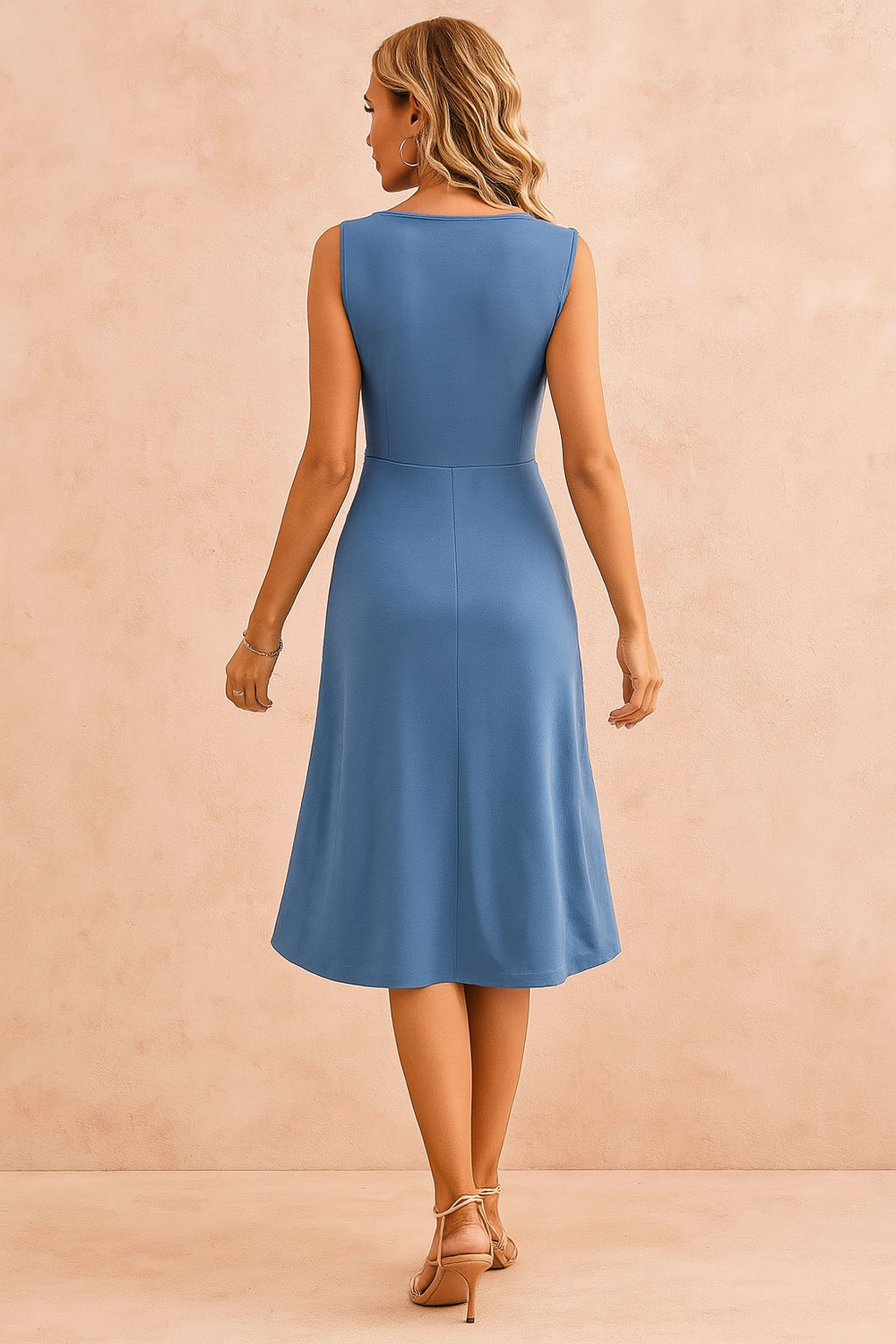 Women's Sleeveless V Neck Midi Dress with Gathered Waist detail view