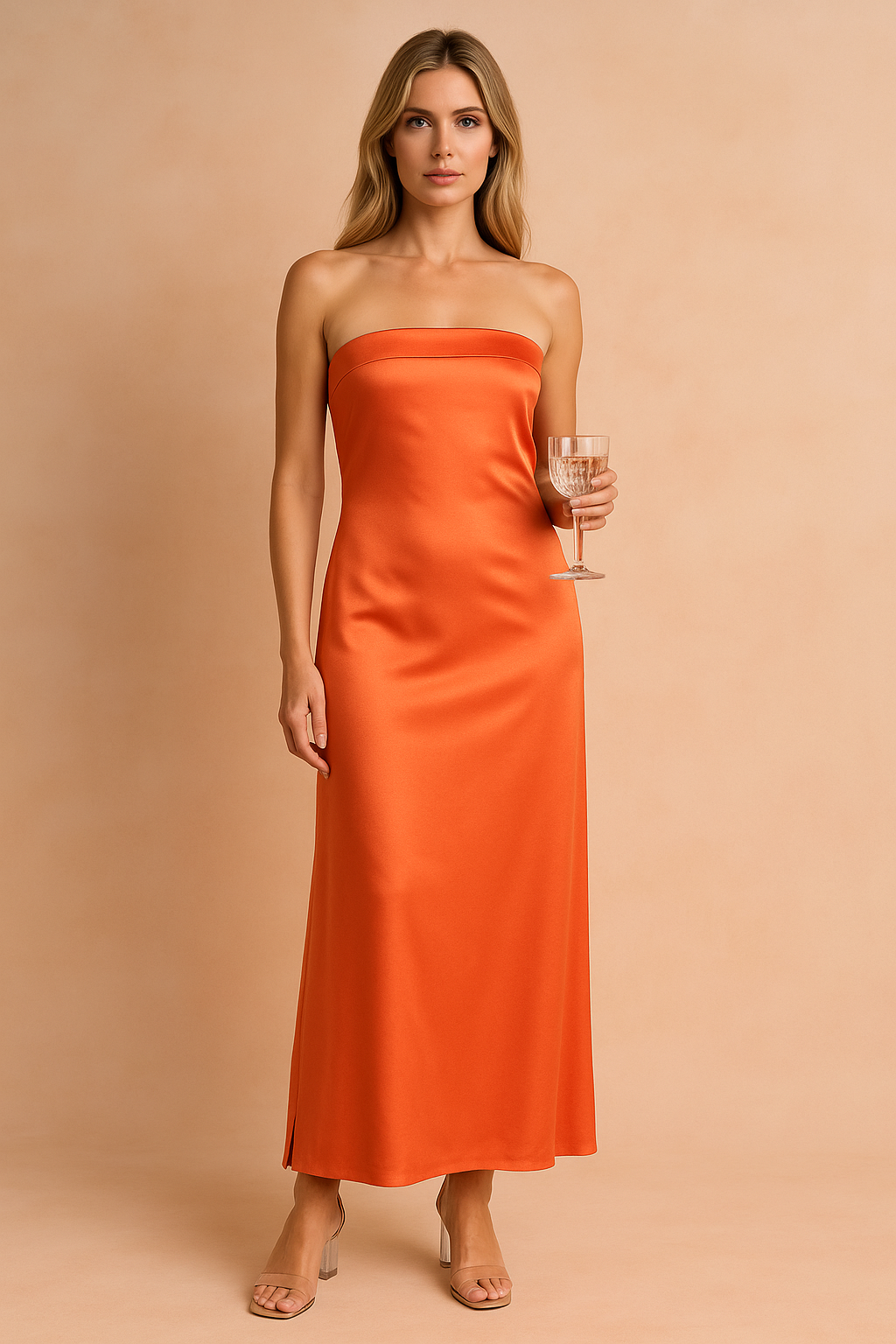 Women's Strapless Maxi Dress with Straight Neckline shown in Orange