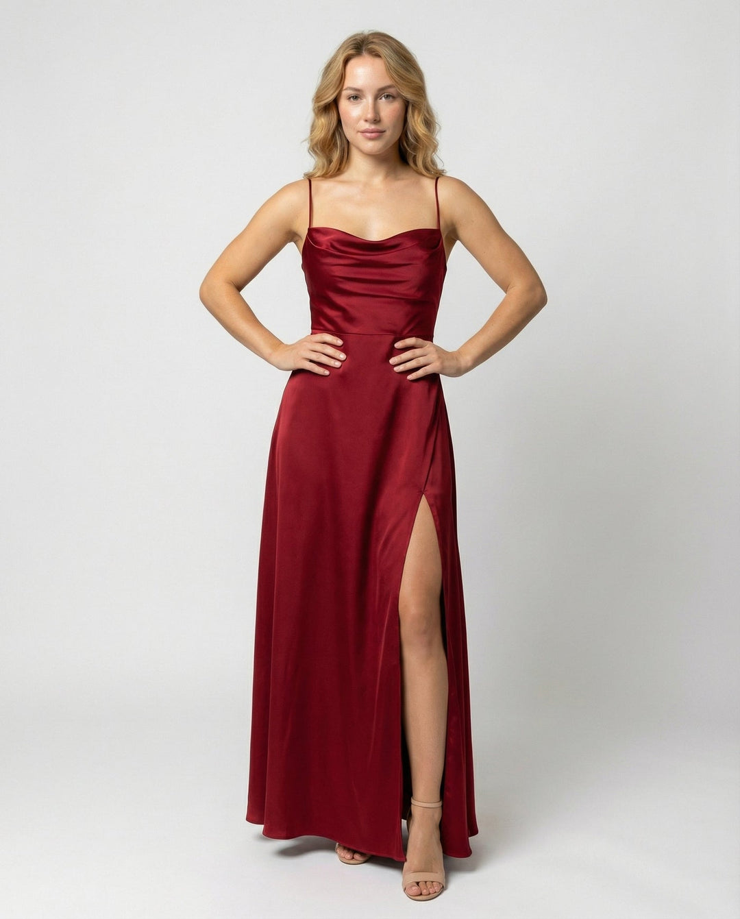 Women's Strappy Maxi Dress with Cowl Neck and Side Slit shown in Red